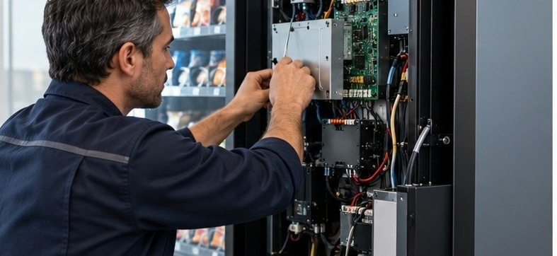 Tecnico al lavoro su un distributore automatico